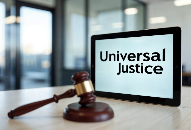 universal justice concept tablet with gavel
